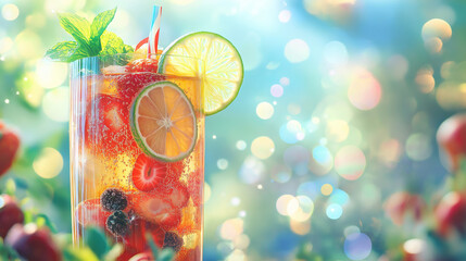 Leinwandbilder - the flavors of the season with a spring cocktail blending strawberry lemonade and mint, adorned with lime slices and fresh berries. The sun-kissed backdrop, enhanced by a dreamy bokeh effect, exudes a