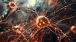 © SolaruS - Stunning microscopic view of a neuron, its intricate network glowing with vibrant orange light against a dark, moody background. Ideal for science, technology, medicine, or neural network concepts.