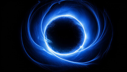 Wall Mural - abstract blue lightning circle on black backdrop. magic round shape. dark scene.