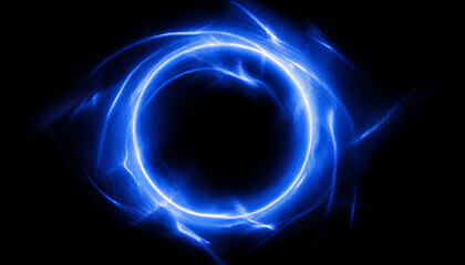 Wall Mural - abstract blue lightning circle on black backdrop. magic round shape. dark scene.
