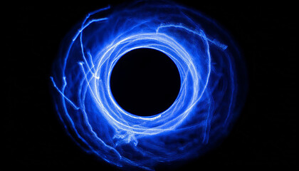 Wall Mural - abstract blue lightning circle on black backdrop. magic round shape. dark scene.