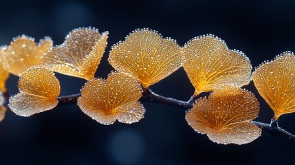 Wall Mural - close-up of dew-covered, golden autumn leaves on a branch.