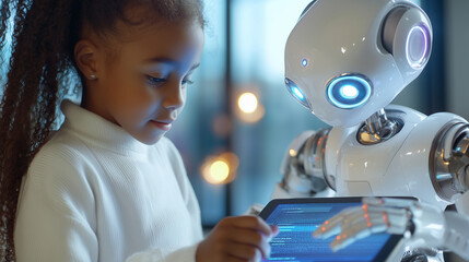 Wall Mural - young girl programming robot with tablet in empowering education