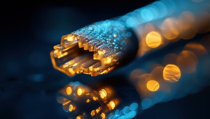 Close up of a fiber optic cable connector illuminated with warm and cool lights