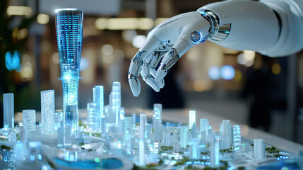 Wall Mural - robot assisting architect in creating futuristic city model