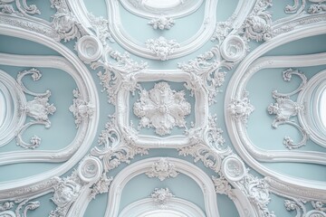 Wall Mural - A white bas-relief on a blue ceiling background, featuring wall design gypsum details