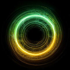 Wall Mural - abstract green yellow lightning circle on black backdrop. magic round shape. dark scene.