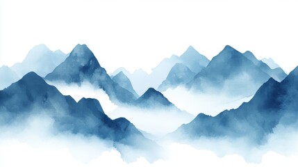 Wall Mural - A stylish blue mountain background with a modern touch, featuring an oriental luxury landscape design and a watercolor brush texture. Suitable for wall art, home decor, and prints