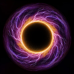 Wall Mural - abstract purple yellow lightning circle on black backdrop. magic round shape. dark scene.