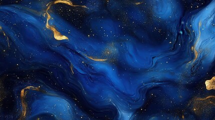 Canvas Print - a mesmerizing abstract cosmos swirls in deep indigo and electric blue, featuring luminous nebulae and stardust patterns with golden accents, rendered in high-definition digital art style