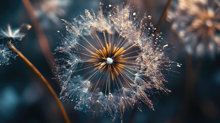 Wall Mural - A close-up view of a dandelion covered in water droplets, perfect for use in illustrations or designs where a natural theme is needed