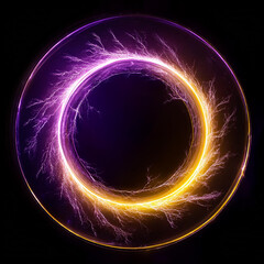 Wall Mural - abstract purple yellow lightning circle on black backdrop. magic round shape. dark scene.