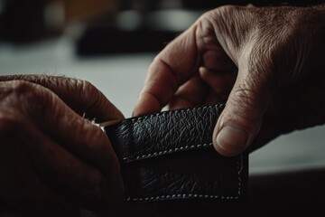 Close-up of weathered hands carefully handling a handcrafted black leather wallet.