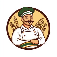 Canvas Print - Baker in chef's hat and apron with wheat in a circle for a food product