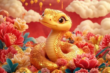 Wall Mural - A cute cartoon snake, coiled on top of the pile with its head raised upwards, golden scales shining in light yellow and red tones