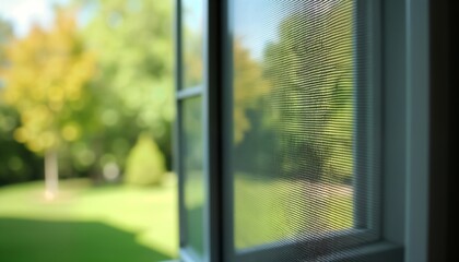 Closeup view of window screen. Modern insect protection. Home design. House interior. Outdoor view blurred in the background. Protecting against insects. Metal netting. Safe and secure. Home comfort.