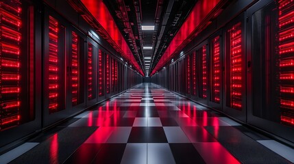Aufkleber - High Tech Data Center Interior with Futuristic Red Illuminated Server Racks : Generative AI