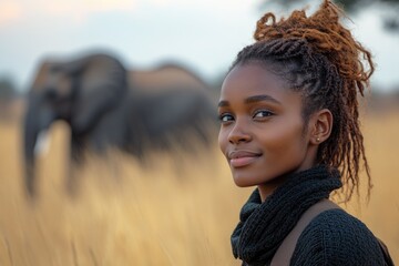 Wall Mural - A woman stands in a green field while an elephant is seen in the distant background