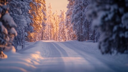 Wall Mural - A snowy road surrounded by trees in a quiet forest
