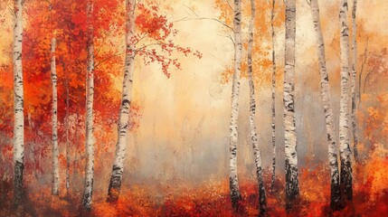 Wall Mural - enchanted birch forest in peak autumn glory, golden light filtering through crimson and amber leaves, misty atmosphere with dancing leaves