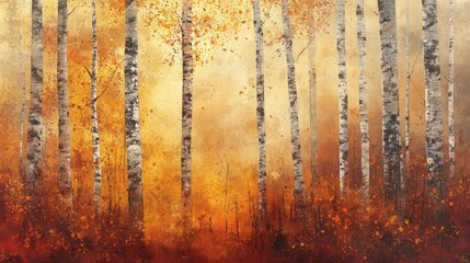 Wall Mural - enchanted birch forest in peak autumn glory, golden light filtering through crimson and amber leaves, misty atmosphere with dancing leaves