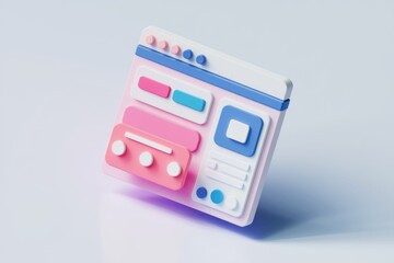 3D rendering of a website interface with pastel colors and playful design elements.