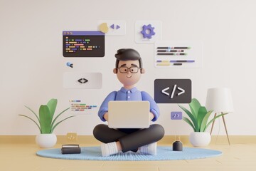 A 3D cartoon programmer sits cross-legged, working on a laptop surrounded by coding symbols.