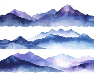 a hand-painted watercolor scene with blue mountain peaks, fir trees, and a pink sky, each element se