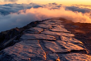 Canvas Print - A stone wall sits atop a mountain, surrounded by clouds