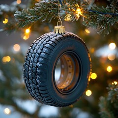 Wall Mural - A decorative tire ornament hangs from a Christmas tree