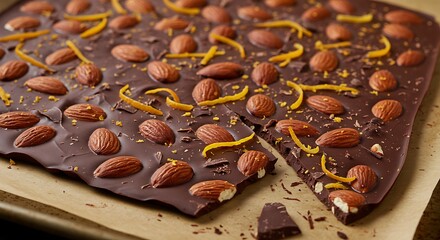 Wall Mural - Homemade dark chocolate candy bar with almonds and orange zest.  Delicious treat.