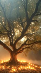 Wall Mural - majestic tree illuminated by warm light in a misty forest during twilight