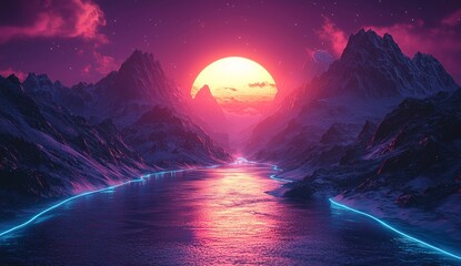 Wall Mural - a futuristic alien world with stars and mountains, a scenic sci-fi landscape rendered in shades of p