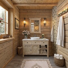 Sticker - Cozy and Rustic Wooden Cottage Bathroom Decor for Relaxation. Generative AI