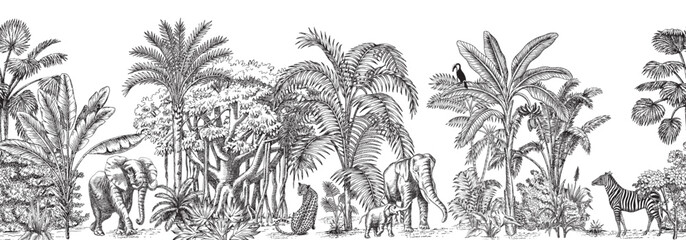 Toile tropical vintage botanical palm trees, banana tree, plants, banyan tree, elephant, leopard animal seamless border white background. Graphic jungle mural.