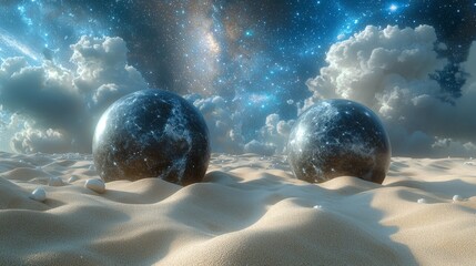 Wall Mural - two worlds coexist in an alien planet landscape, bathed in the glow of a starry sky