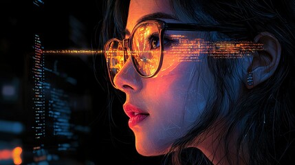 Close-up portrait of a woman with digital code reflected in glasses