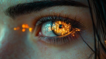 A close-up of a human eye with a digital overlay of glowing data in a mesmerizing abstract image, the eye gazing into the digital future