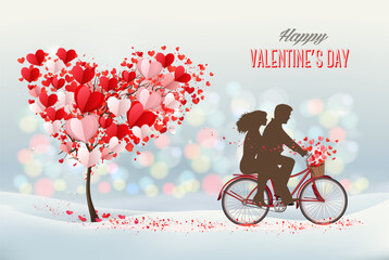 Fototapete - Valentine`s day background. Bicycle with couple in love and tree with heart-shaped leaves. Vector