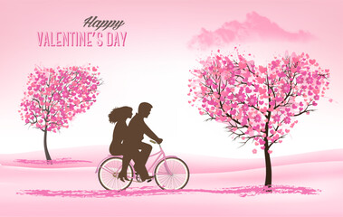 Leinwandbilder - Festive background with Valentine's Day. Bicycle with couple in love and trees with heart-shaped leaves. Vector