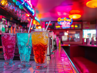 a chic bar with colorful soda cocktails served in geometric glassware