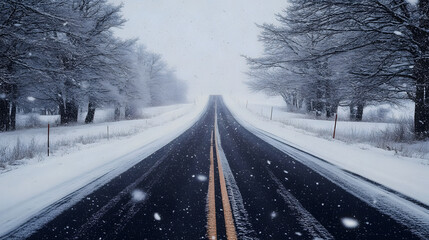 Wall Mural - Empty Snowy Road to Infinity Vanishing Point into Snowy Horizon Minimalist Winter Scene