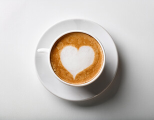 cup of cappuccino with drawn heart on white background flat lay