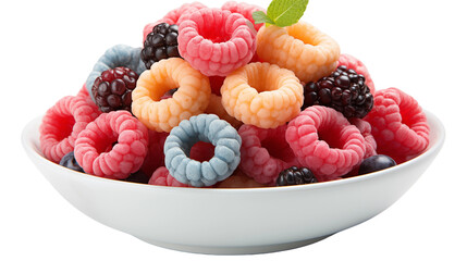 Wall Mural - Close-up of colorful cereal rings in a white bowl, highlighting vibrant and joyful breakfast vibes, studio view, isolated on transparent background.