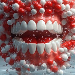 Wall Mural - a close-up shot of a red and white ball with visible teeth, often used in illustrations or designs