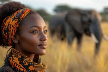 Wall Mural - A woman stands in a green field, with an elephant seen in the background, possibly grazing or walking