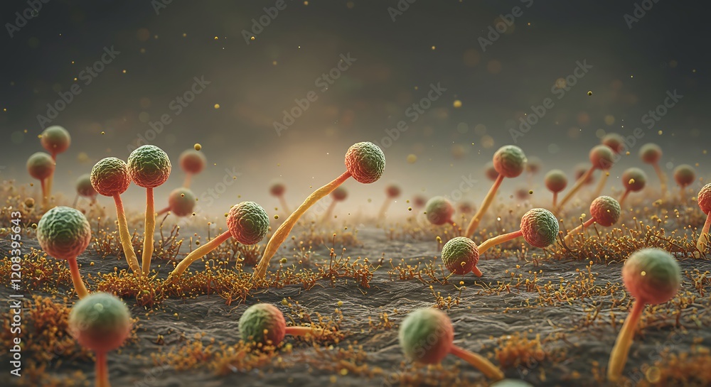 Microscopic fungal spores closeup. Fungal microorganisms. 3d render of ...