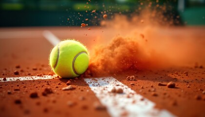 Close-up view of tennis ball hitting corner line on clay court. Dust cloud rises from impact. Active sport moment. Tennis match in progress. Outdoor recreation. Pro level game. Summer day. Clay court