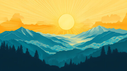 Wall Mural - High angle view of sun beams over the blue ridge mountains. Radiant Sun. Illustration