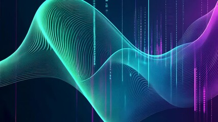 Poster - Video with the enigmatic realm of abstract art with a mesmerizing display of wavy, glowing patterns in a dark blue background. The intricate interplay of thin white lines, glowing in a blue and green 